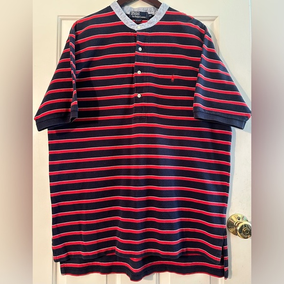 POLO RALPH LAUREN Men’s *RARE* Vintage XL Short Sleeve Cotton Polo BAND COLLAR - Picture 1 of 12